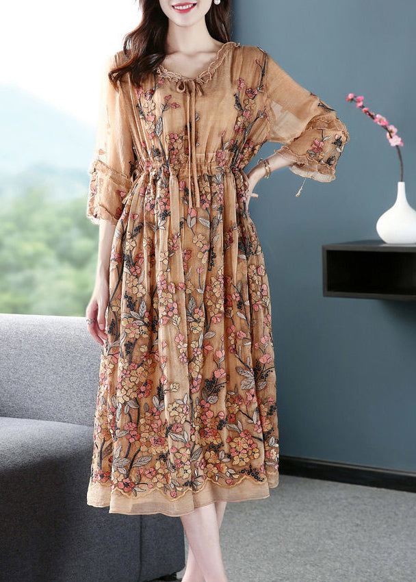 Khaki Embroideried Cinched Silk Maxi Dresses Bracelet Sleeve