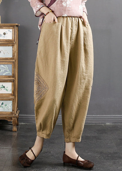 Khaki Embroidered Linen Crop Pants Summer
