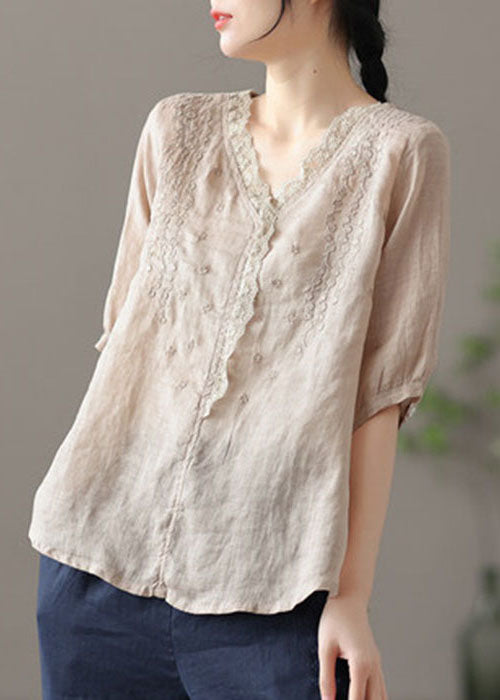 Khaki Embroideried Lace Patchwork Linen Shirt Half Sleeve