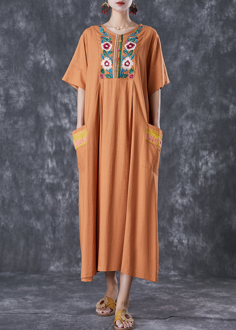 Khaki Embroideried Linen Maxi Dress Summer