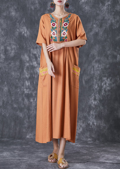 Khaki Embroideried Linen Maxi Dress Summer