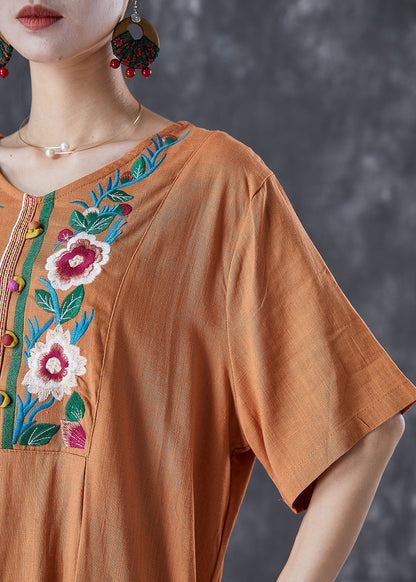 Khaki Embroideried Linen Maxi Dress Summer