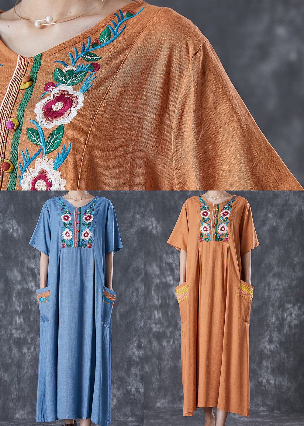 Khaki Embroideried Linen Maxi Dress Summer