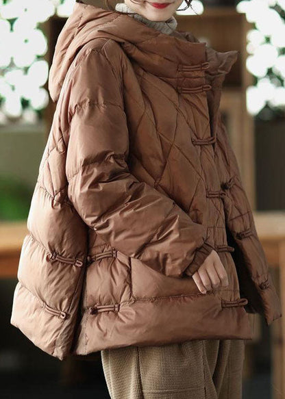 Khaki Hooded Oriental Button Pockets Duck Down Down Jacket Winter
