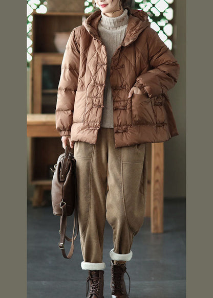 Khaki Hooded Oriental Button Pockets Duck Down Down Jacket Winter