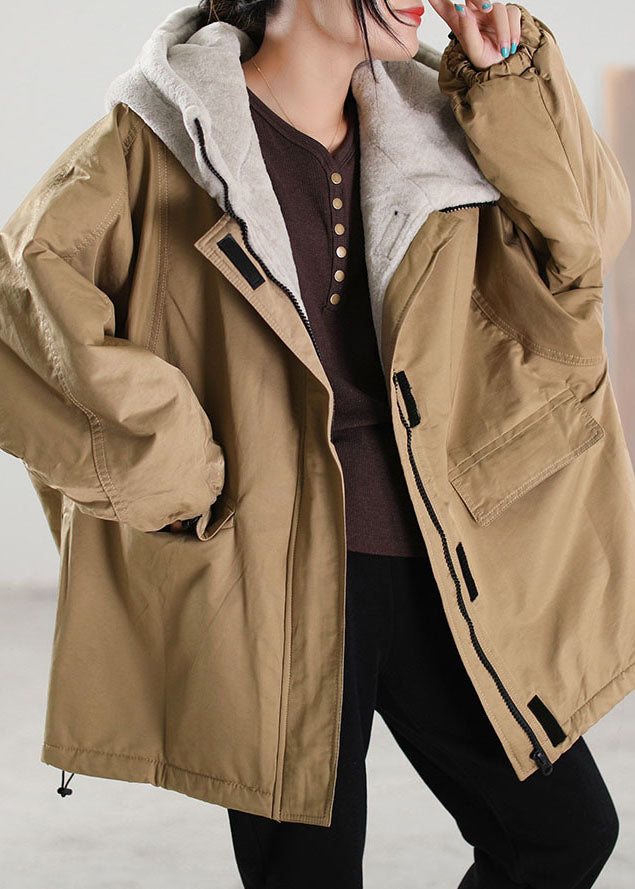 Khaki Hooded Patchwork Faux Fur Coat Winter
