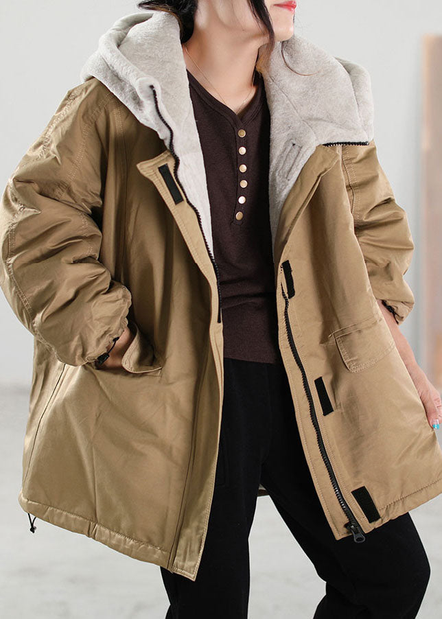 Khaki Hooded Patchwork Faux Fur Coat Winter