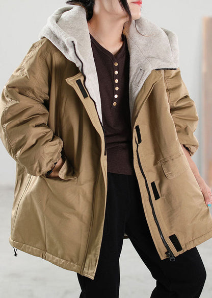 Khaki Hooded Patchwork Faux Fur Coat Winter