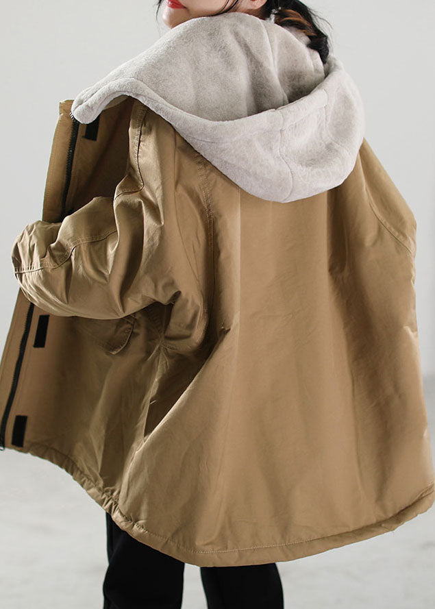 Khaki Hooded Patchwork Faux Fur Coat Winter