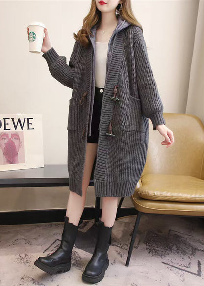 Khaki Hooded Pockets Patchwork Knit Coats Fall