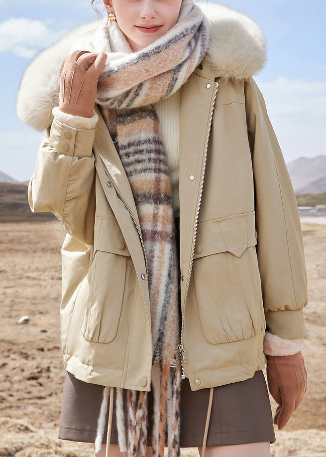 Khaki Hooded Zippered Pockets Cotton Parka Winter