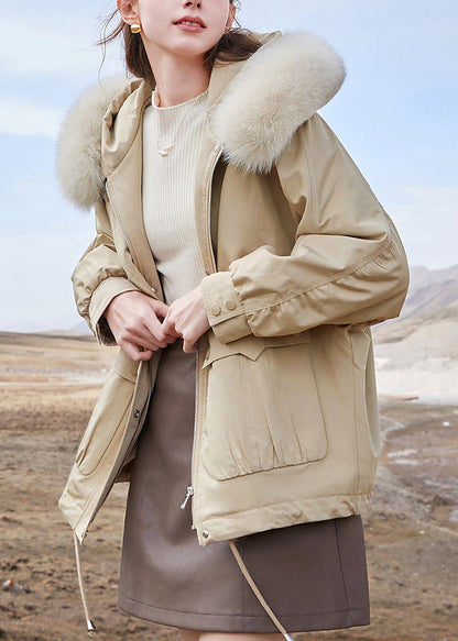 Khaki Hooded Zippered Pockets Cotton Parka Winter