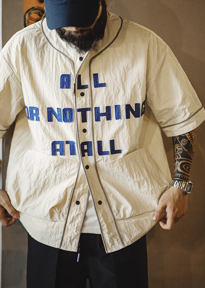 Khaki Letter Button Pockets Cotton Shirts Half Sleeve