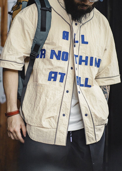 Khaki Letter Button Pockets Cotton Shirts Half Sleeve