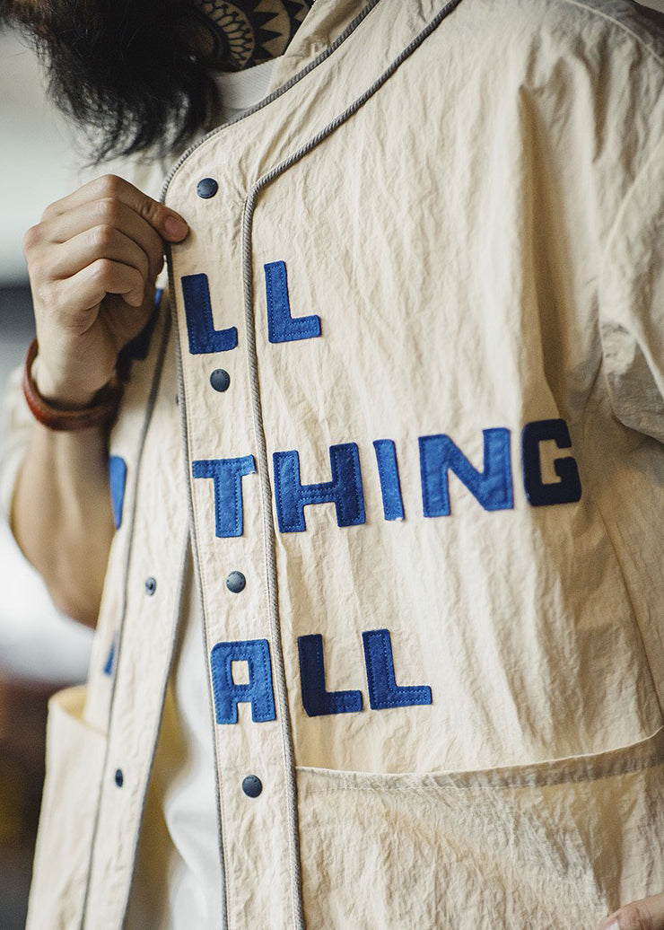 Khaki Letter Button Pockets Cotton Shirts Half Sleeve