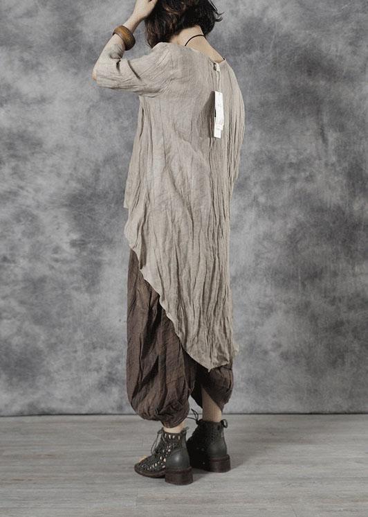 Khaki O-neck Asymmetrical Design Fall Half Sleeve Tops