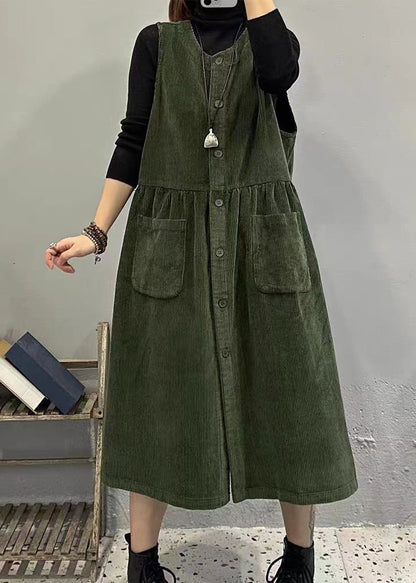 Khaki O Neck Button Pockets Corduroy Long Dresses Sleeveless