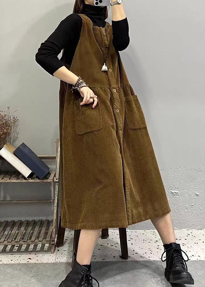 Khaki O Neck Button Pockets Corduroy Long Dresses Sleeveless