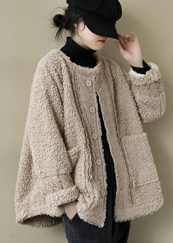 Khaki O-neck Lacer Patchwork Teddy Faux Fur Parka Winter