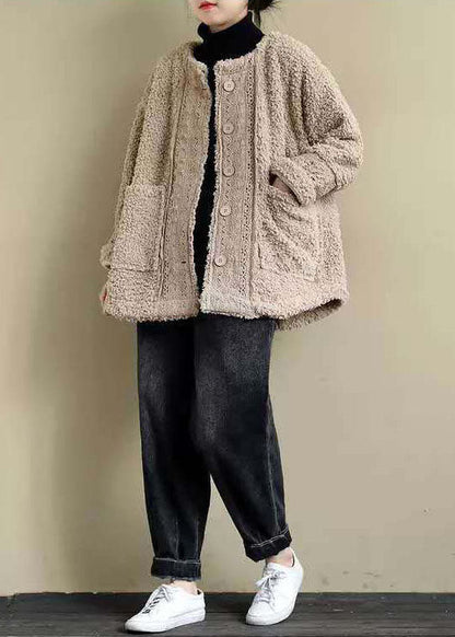 Khaki O-neck Lacer Patchwork Teddy Faux Fur Parka Winter