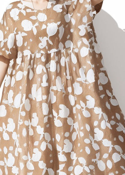 Khaki O Neck Print Cotton Dresses Summer