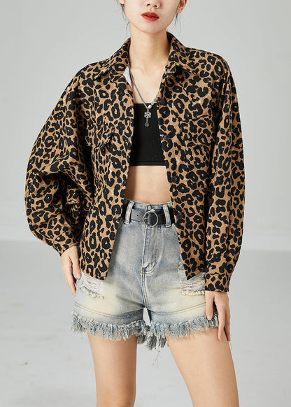 Khaki Oversized Leopard Print Cotton Coat Batwing Sleeve