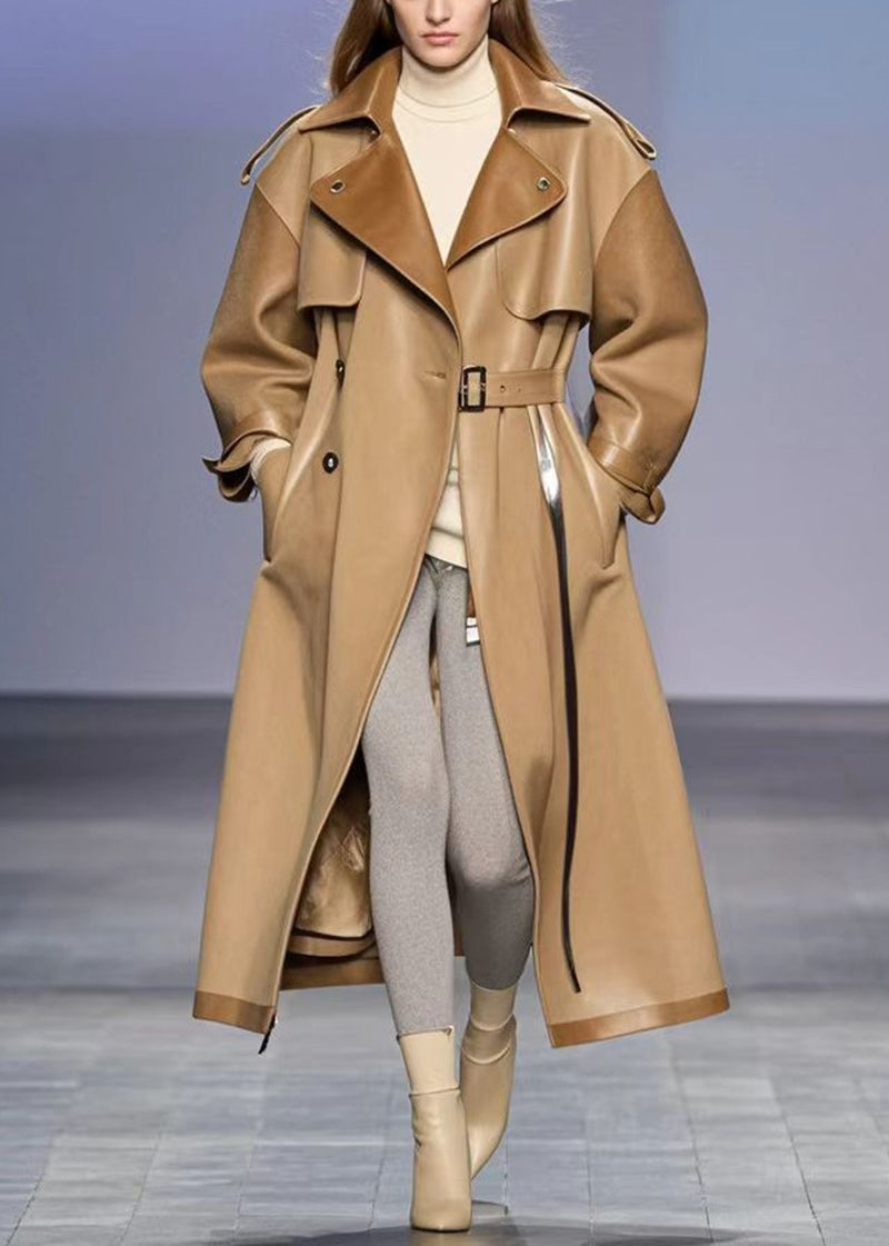 Khaki Oversized Patchwork Faux Leather Trench Fall