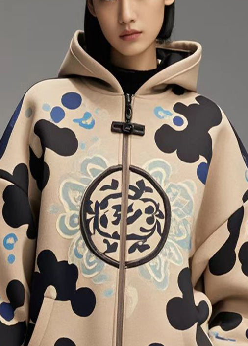 Khaki Oversized Print Cotton Hoodies Outwear Fall
