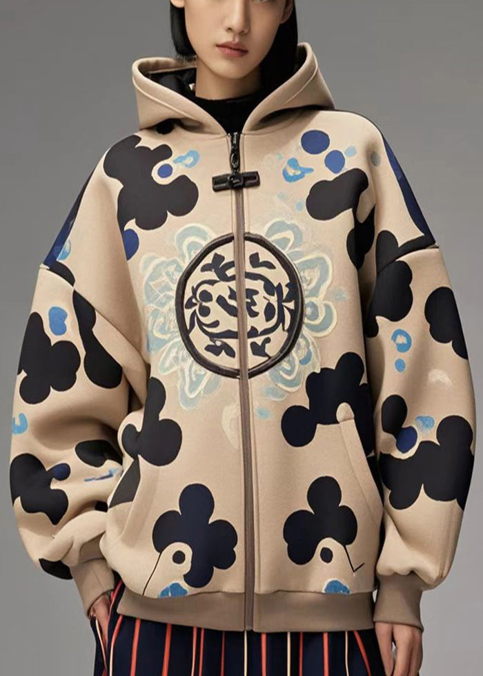 Khaki Oversized Print Cotton Hoodies Outwear Fall