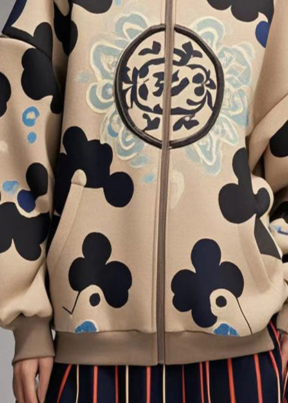 Khaki Oversized Print Cotton Hoodies Outwear Fall