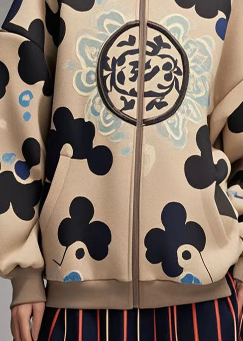 Khaki Oversized Print Cotton Hoodies Outwear Fall