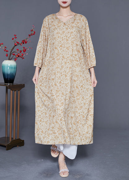 Khaki Oversized Print Cotton Vacation Dress Bracelet Sleeve