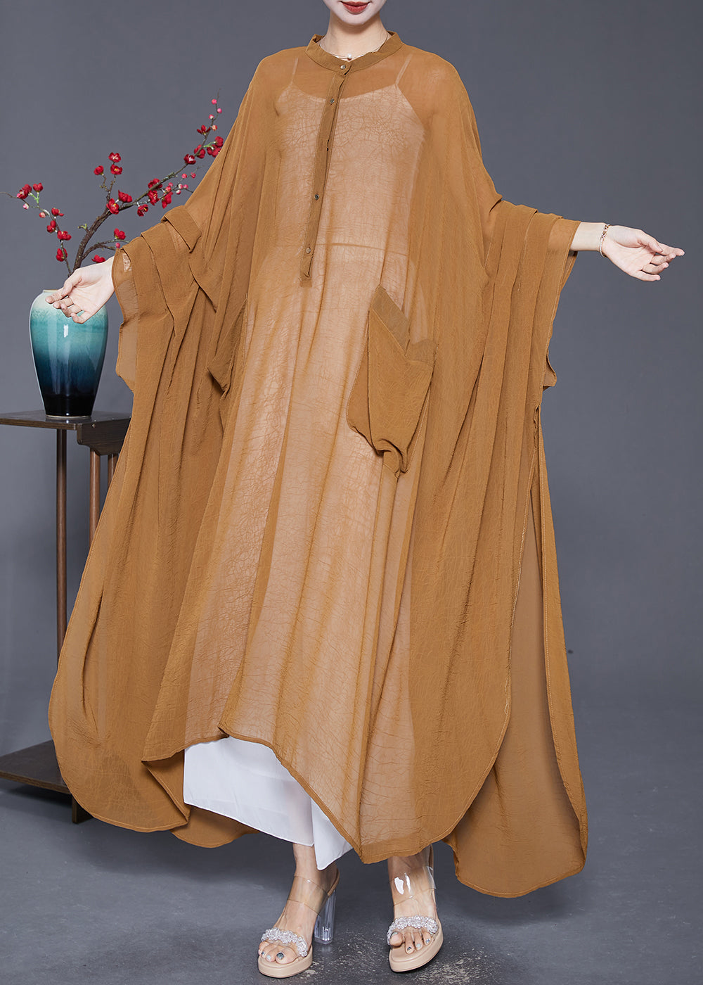 Khaki Oversized Wrinkled Chiffon Upf 50+ Long Smock Summer