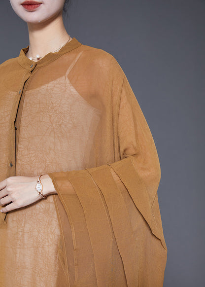 Khaki Oversized Wrinkled Chiffon Upf 50+ Long Smock Summer