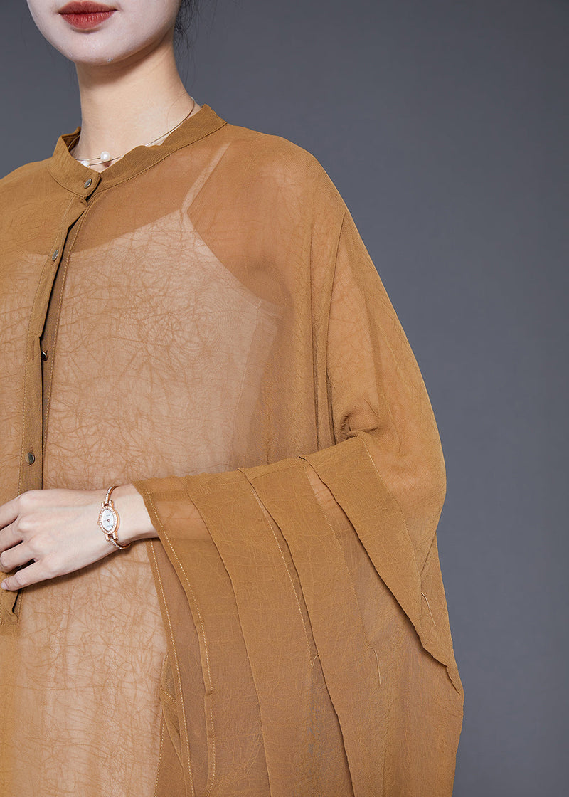 Khaki Oversized Wrinkled Chiffon Upf 50+ Long Smock Summer