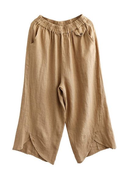 Khaki Patchwork Elastic Waist Linen Wide Leg Pants