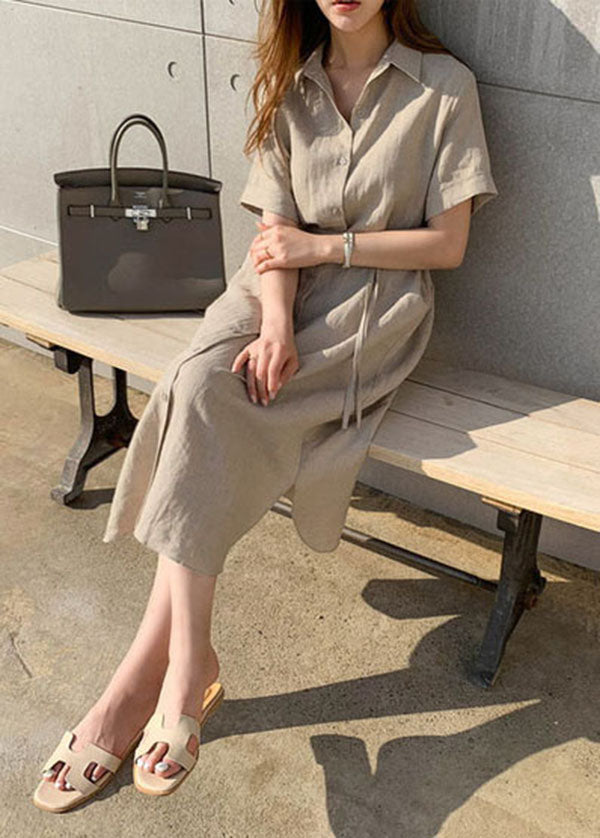 Khaki Peter Pan Collar Cinched Shirts Dress Short Sleeve