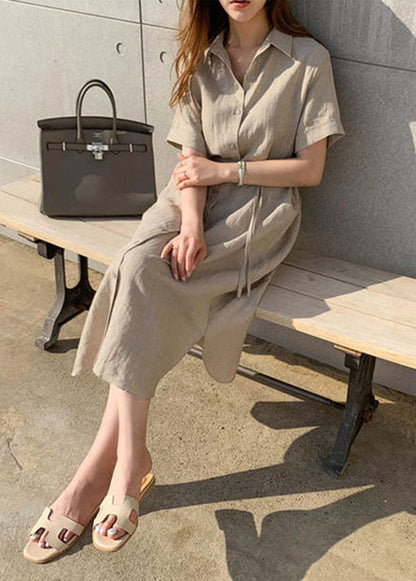 Khaki Peter Pan Collar Cinched Shirts Dress Short Sleeve