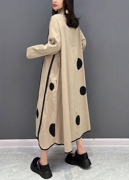 Khaki Peter Pan Collar Patchwork Dot Print Cotton Vacation Dresses Fall