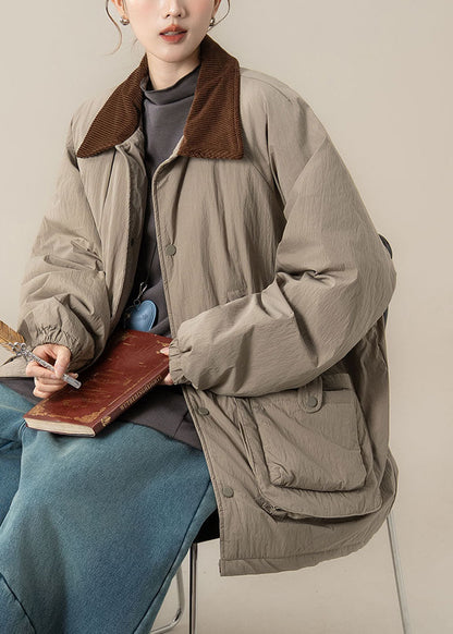 Khaki Peter Pan Collar Pockets Thick Parka Winter