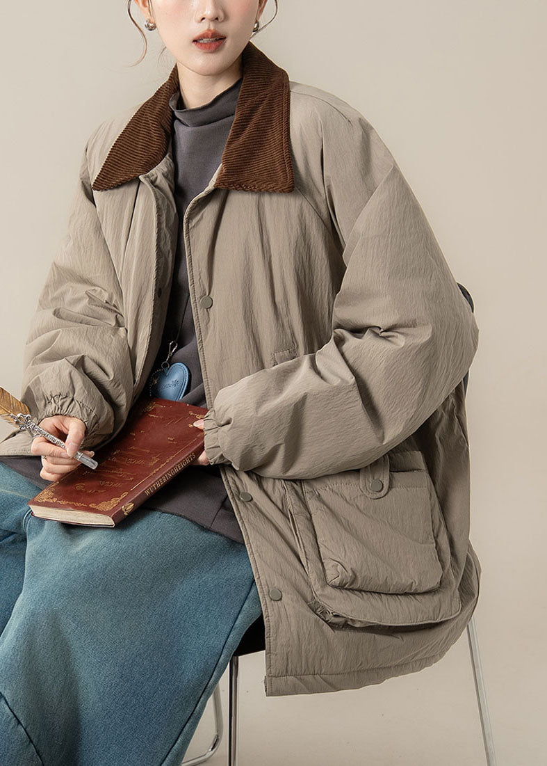 Khaki Peter Pan Collar Pockets Thick Parka Winter