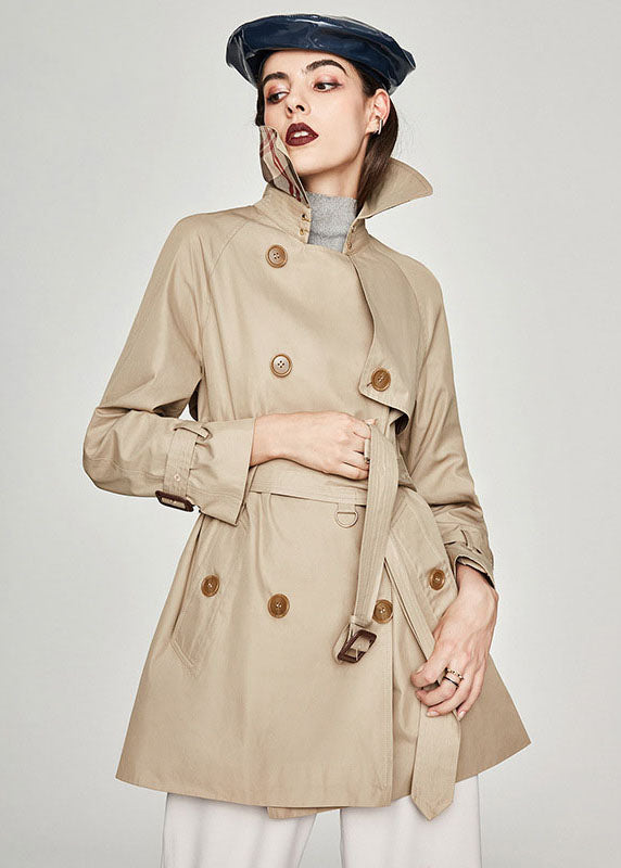 Khaki Peter Pan Collar Sashes Cotton Double Breasted Trench Spring