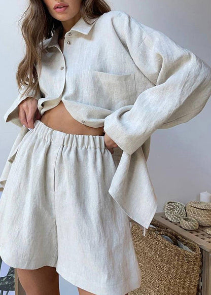 Khaki Peter Pan Collar Shirt and Shorts Two Piece Set Spring