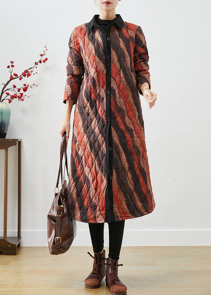 Khaki Peter Pan Collar Striped Fine Cotton Filled Coats Fall
