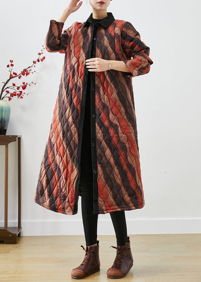 Khaki Peter Pan Collar Striped Fine Cotton Filled Coats Fall