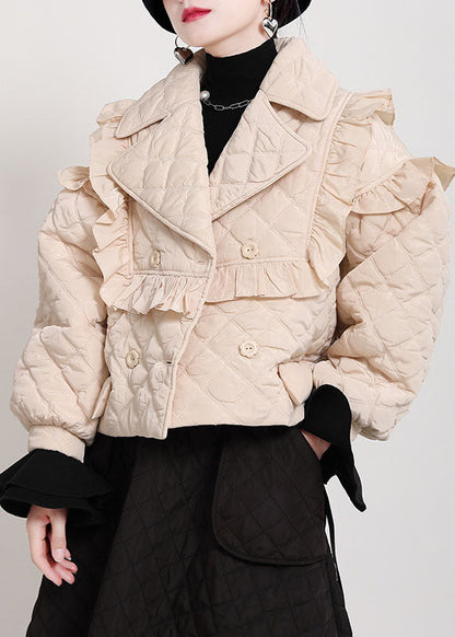 Khaki Peterpan Collar Button Ruffled Tie Waist Winter Cotton Long Sleeve Coat