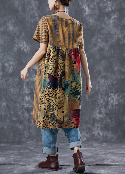 Khaki Plaid Patchwork Print Linen Vacation Dresses Summer