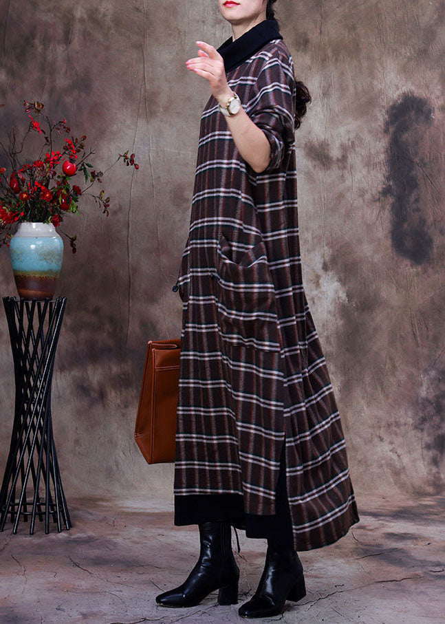 Khaki Plaid Pockets Cotton Robe Dresses Spring