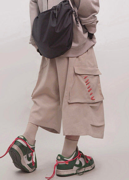 Khaki Pockets Elastic Waist Cotton Crop Pants Summer