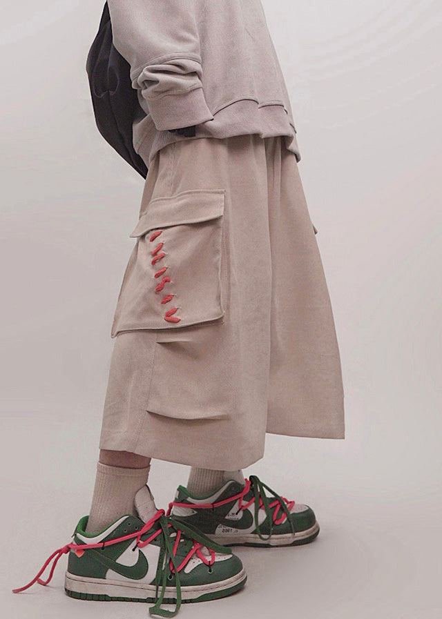 Khaki Pockets Elastic Waist Cotton Crop Pants Summer